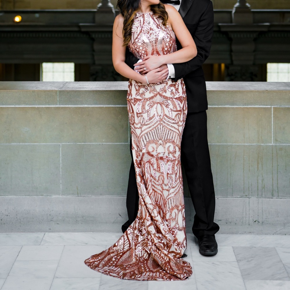 Bariano rose gold evening gown